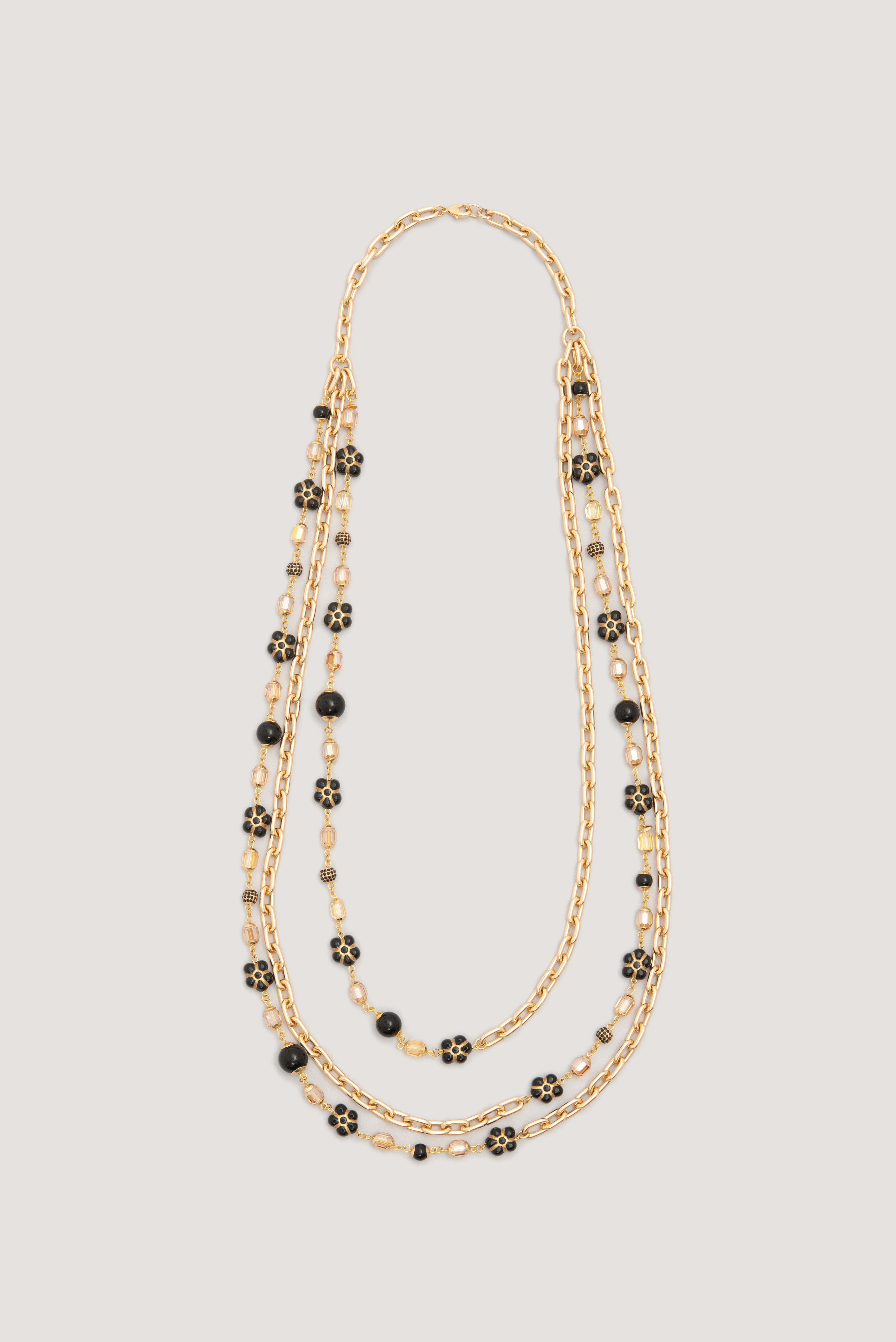 Triple-strand necklace with chain and beads