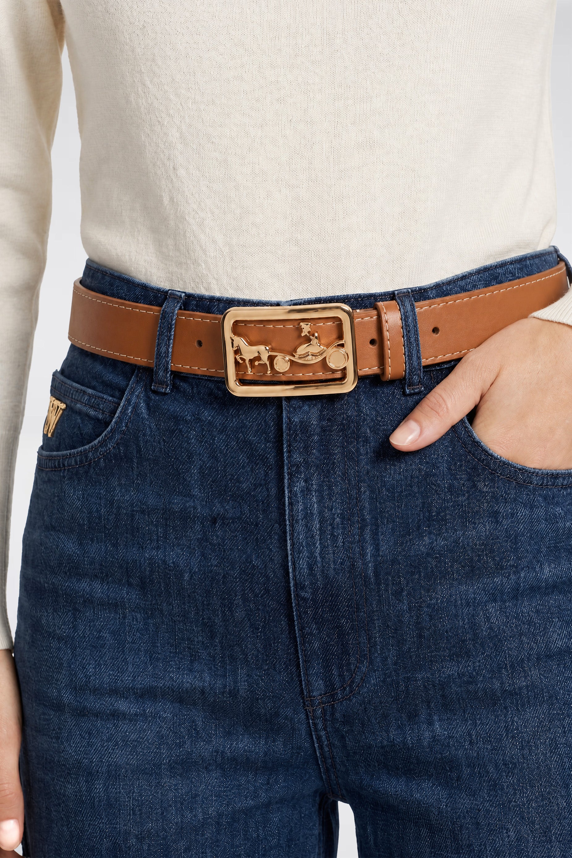 Leather belt with a carriage-style buckle