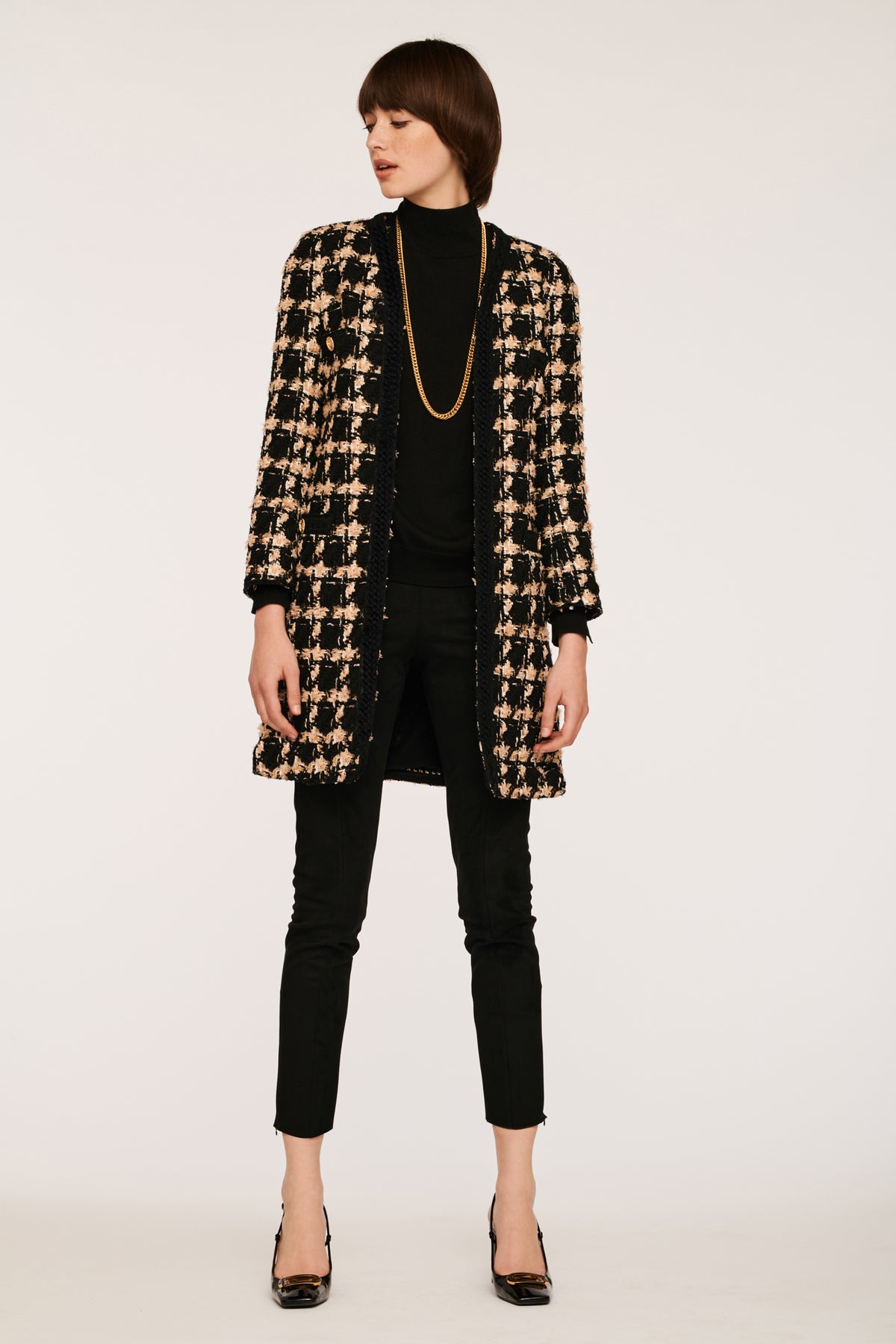 Veste longue en tweed à carreaux