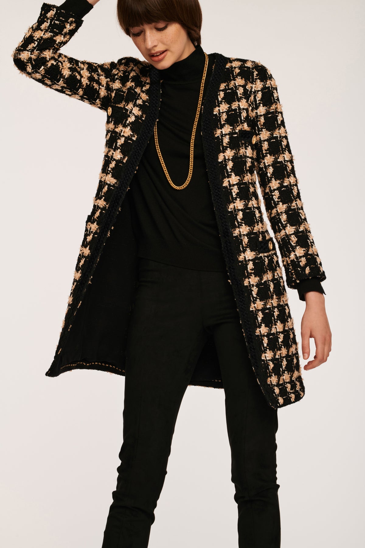 Veste longue en tweed à carreaux