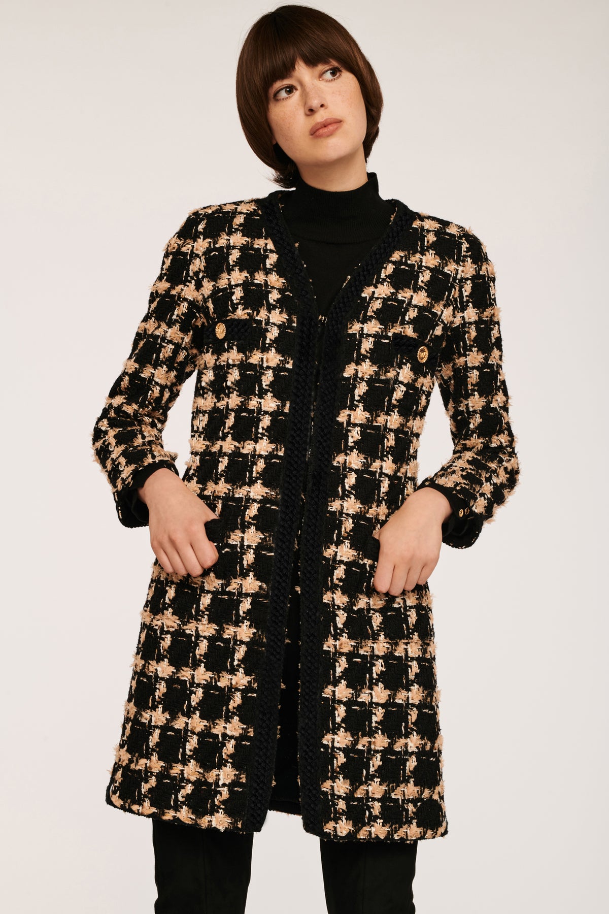 Veste longue en tweed à carreaux