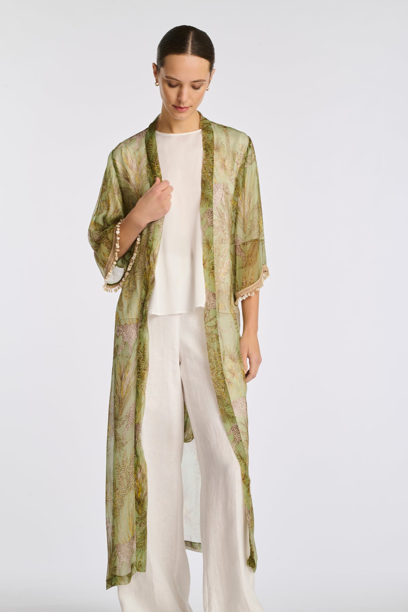 Printed voile kimono