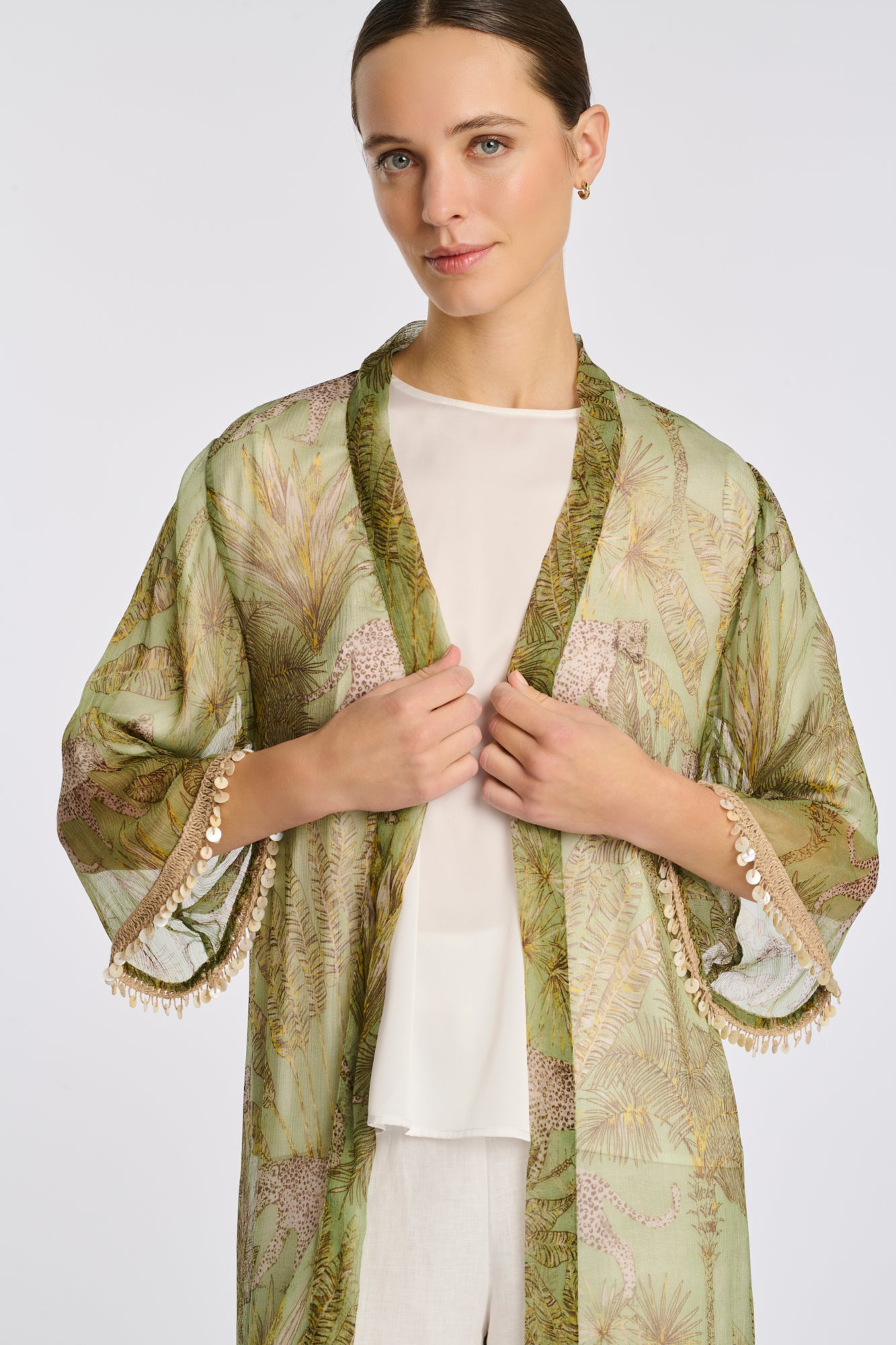 Printed voile kimono