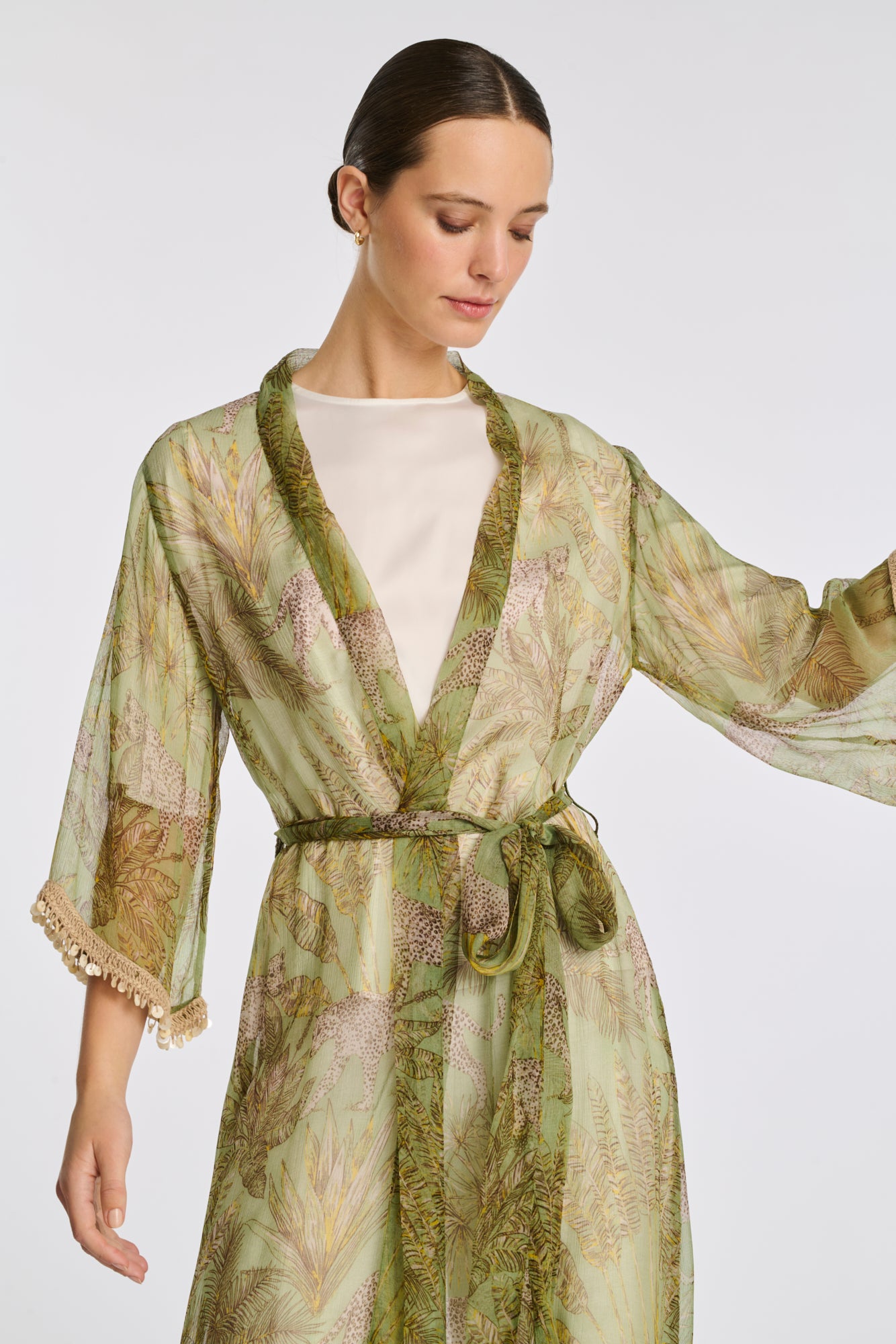 Printed voile kimono