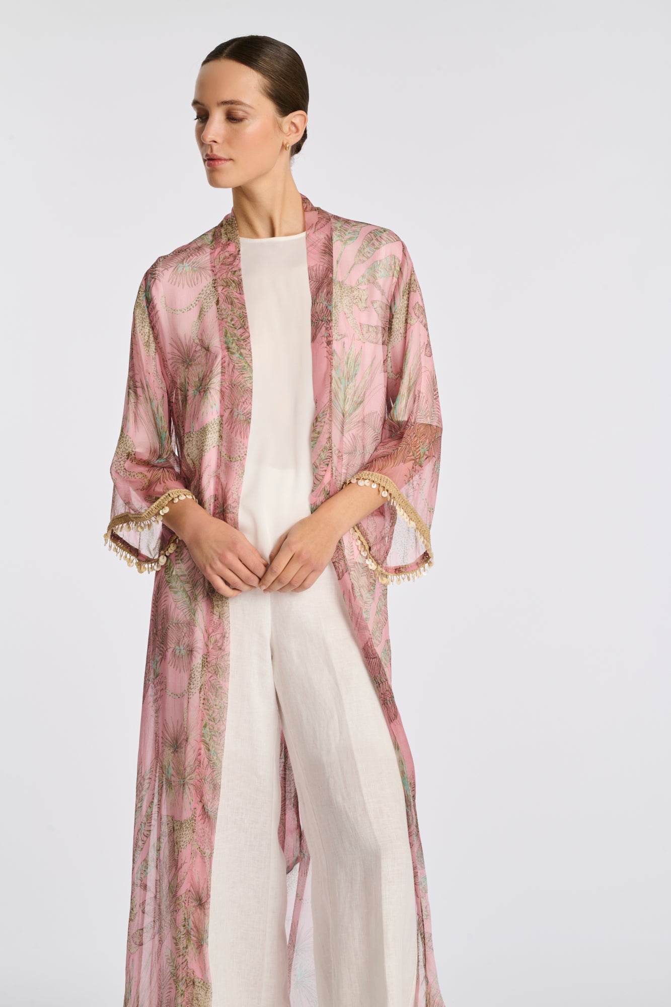 Printed voile kimono