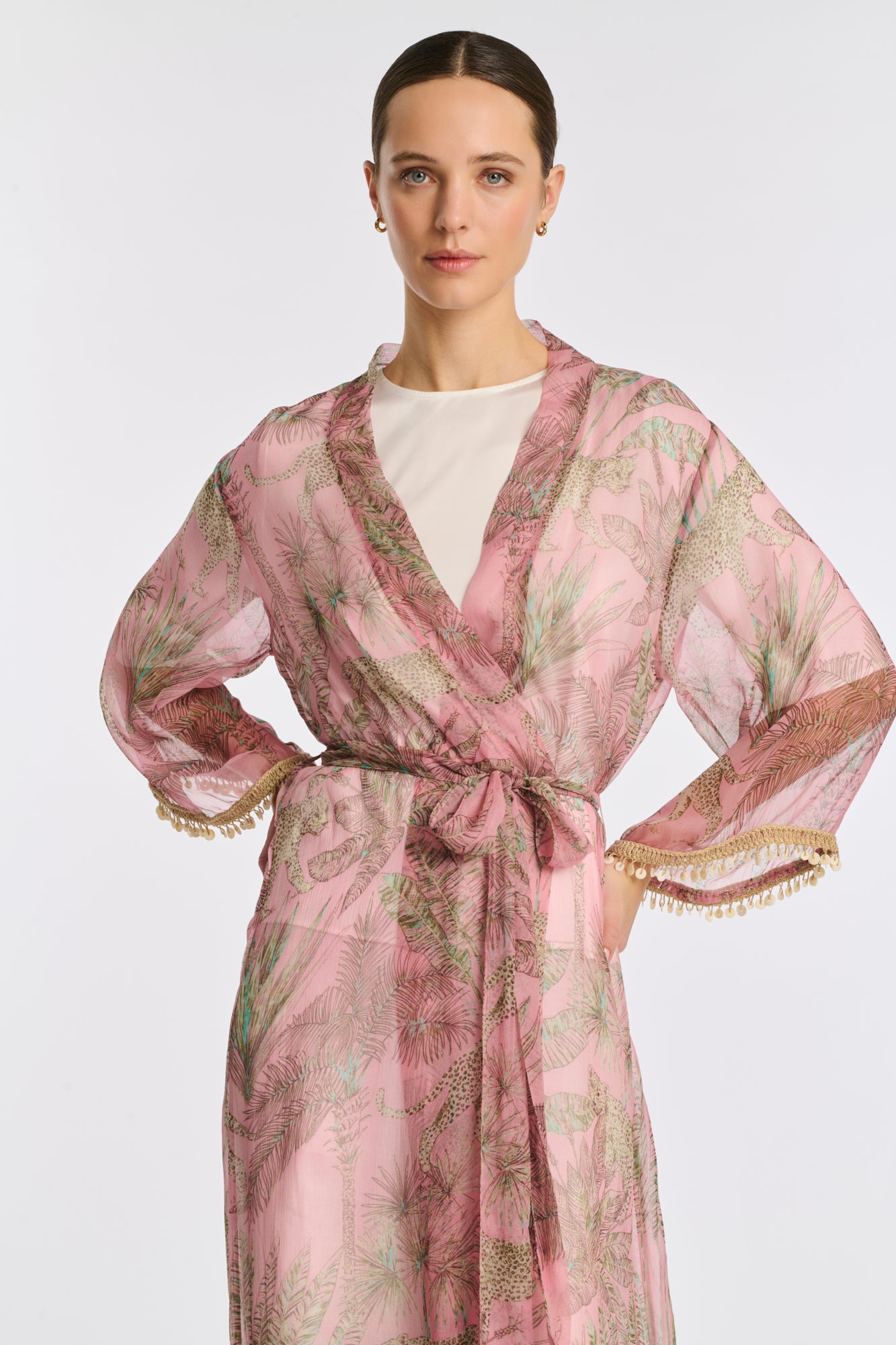 Printed voile kimono