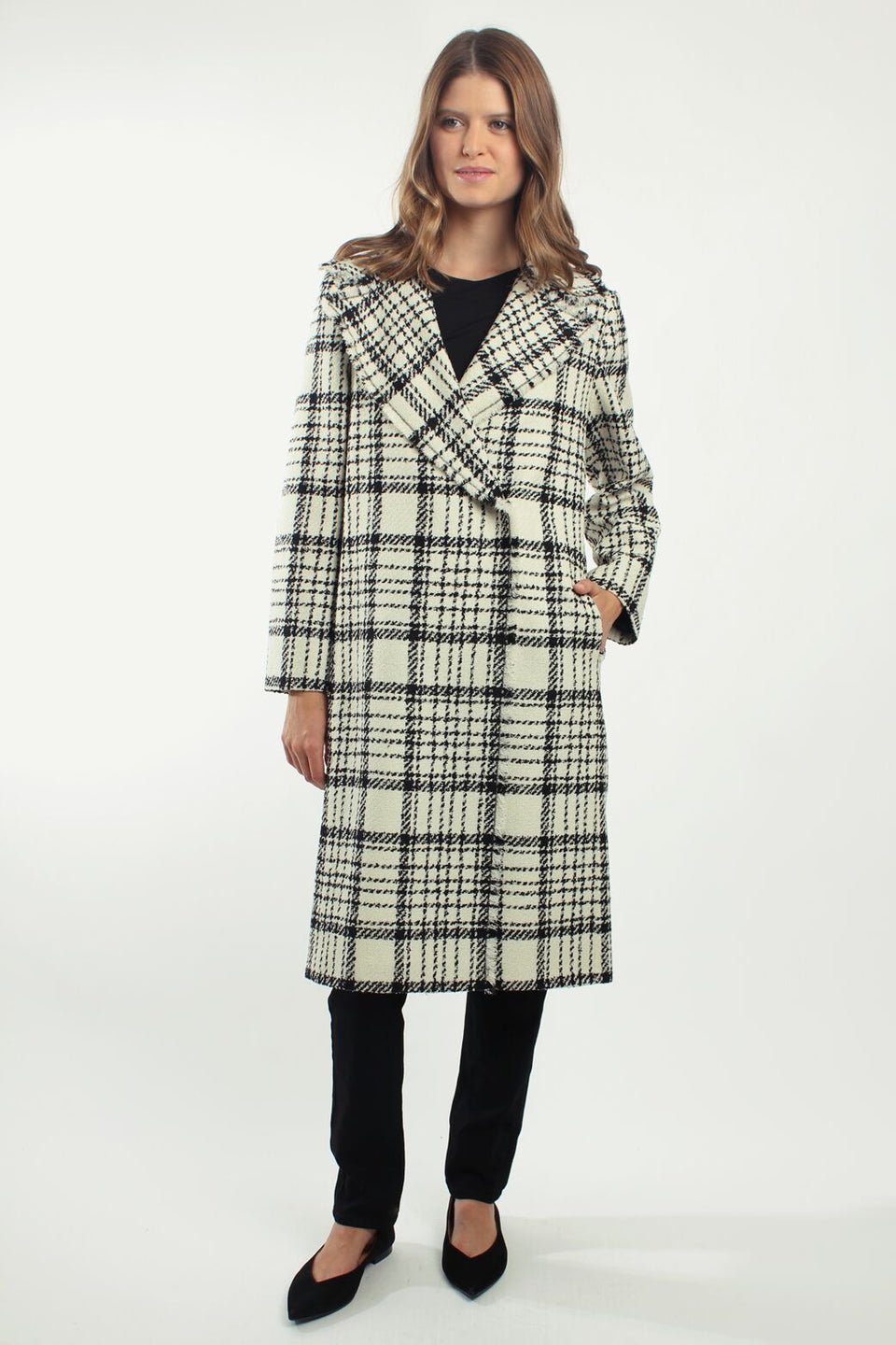 Manteau long à carreaux en laine