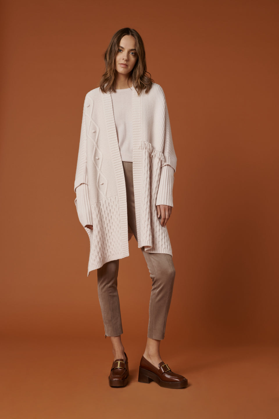 Cardigan long aux motifs patchwork cachemire et laine